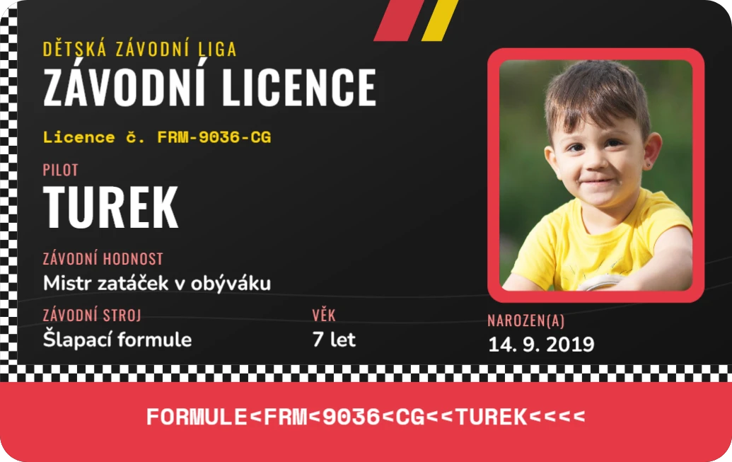Závodní licence formule, ukázka karty