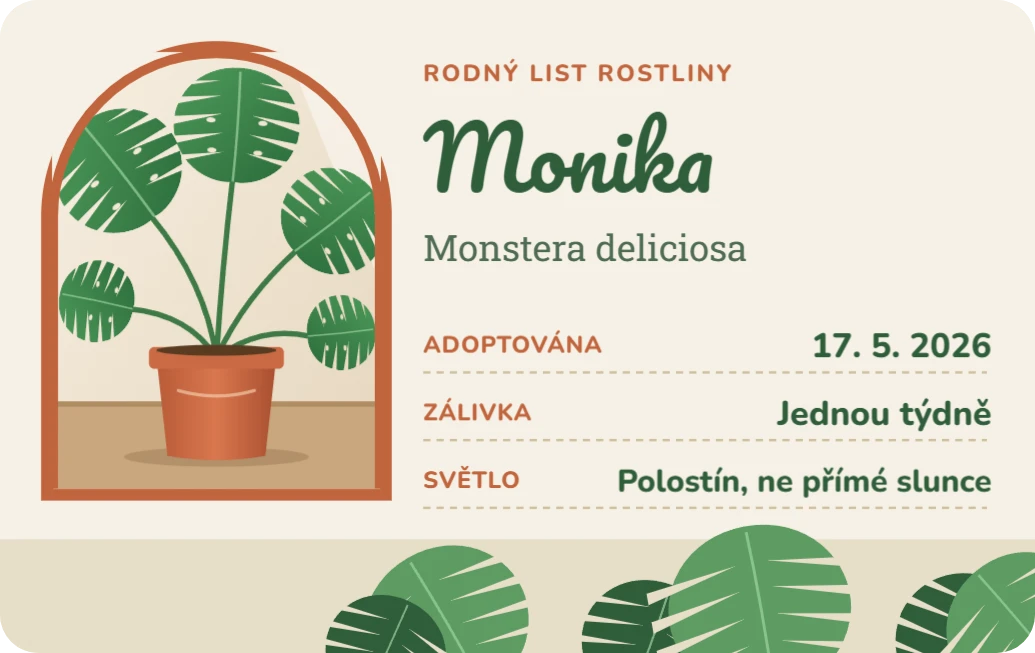 Rodný list rostliny, ukázka karty