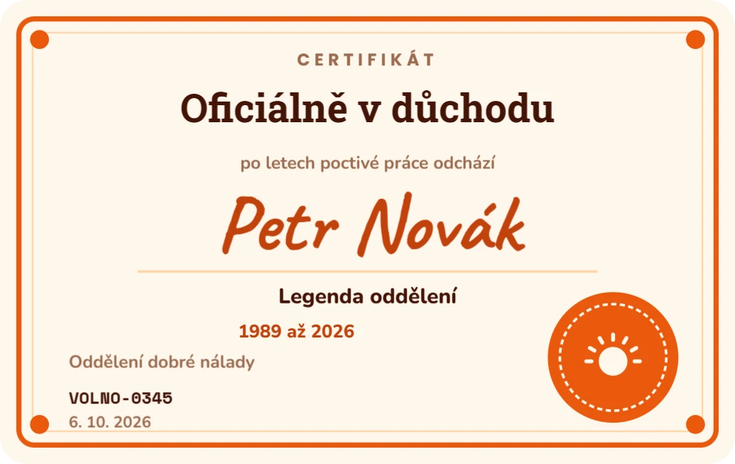 Rozlučková karta do důchodu s podpisy týmu, ukázka karty