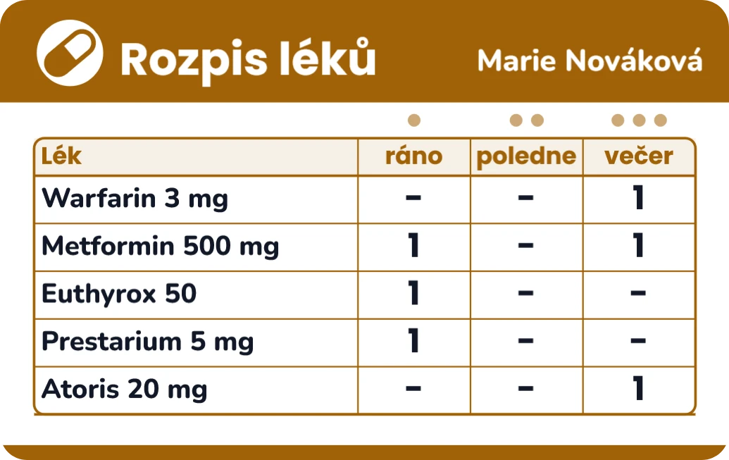 Rozpis léků ráno, v poledne, večer, ukázka karty