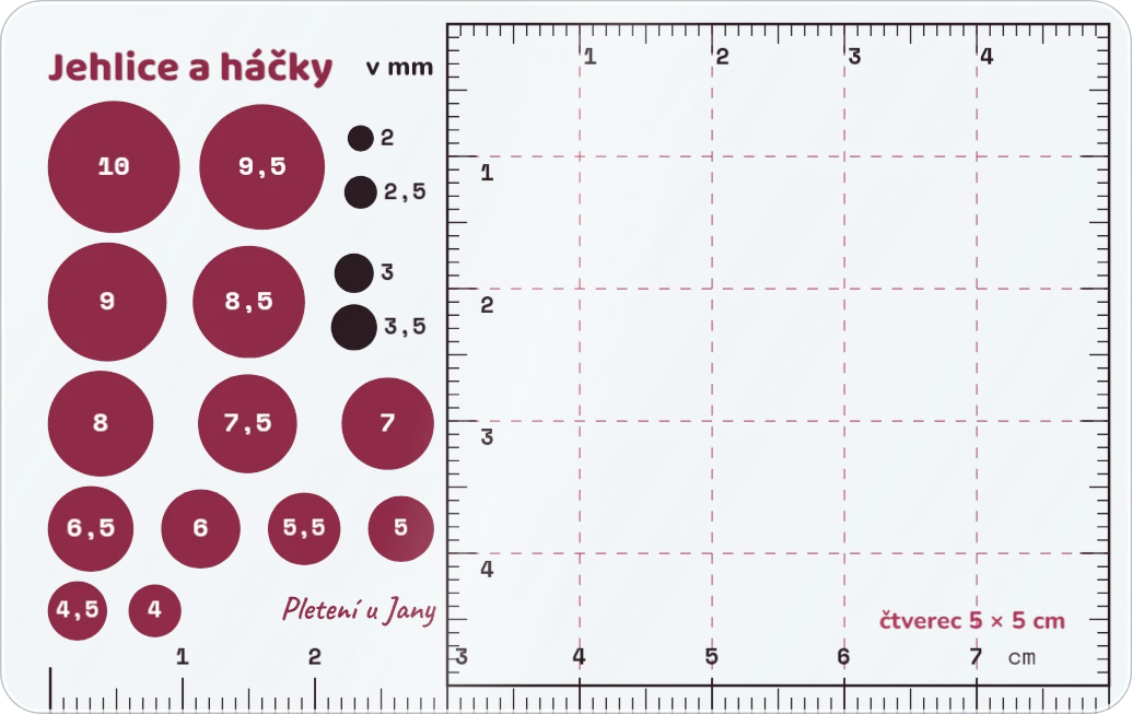 Průhledná měrka jehlic a háčků, ukázka karty