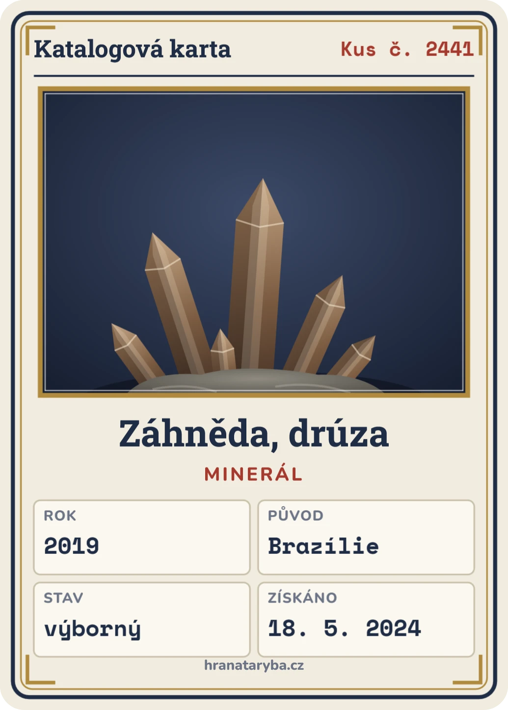 Katalogová karta kusu sbírky, ukázka karty