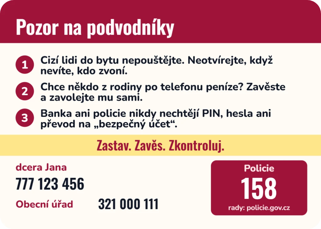 Pozor na podvodníky: magnetka pro seniory, ukázka karty