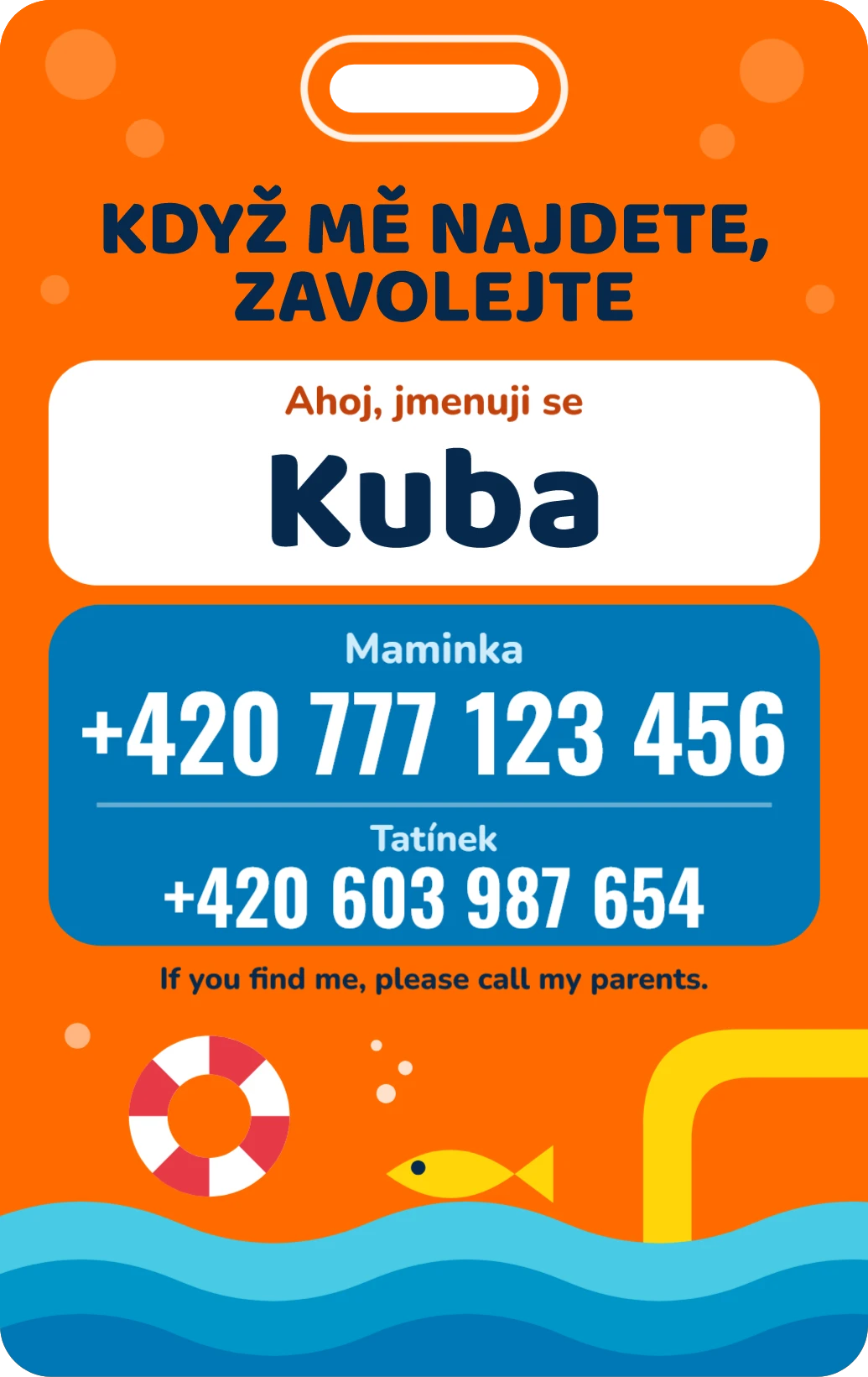 SOS kartička na krk: aquapark, ukázka karty
