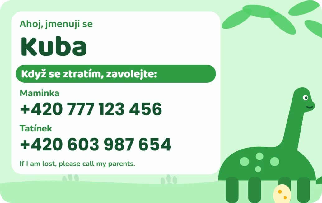 SOS kartička s dinosaury, ukázka karty