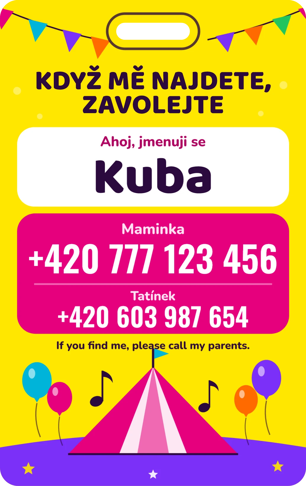 SOS kartička na krk: festival, ukázka karty