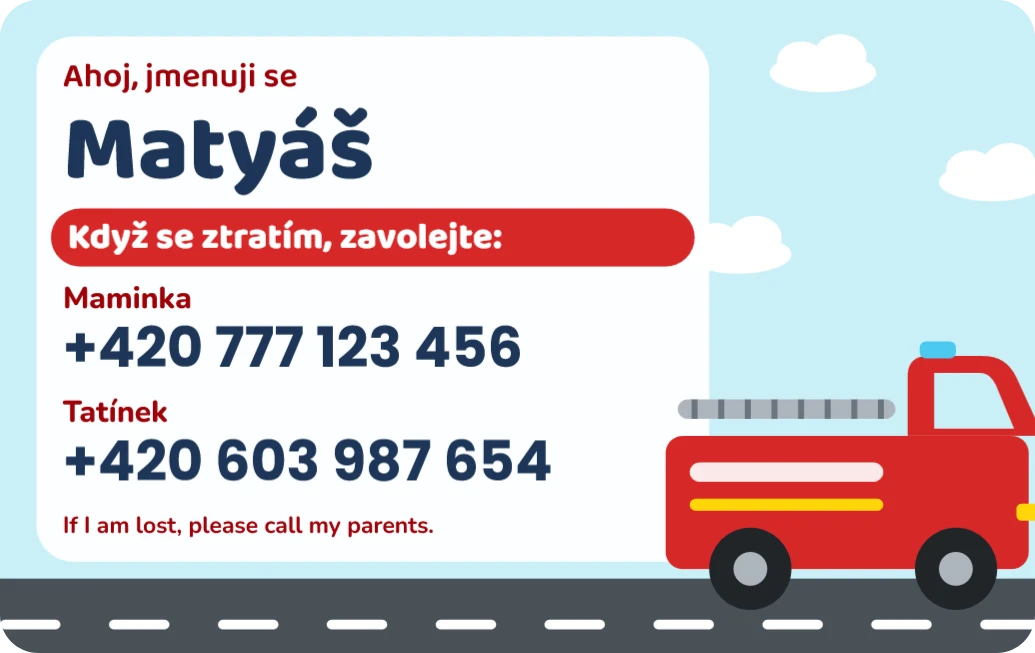 SOS kartička Hasiči a auta, ukázka karty