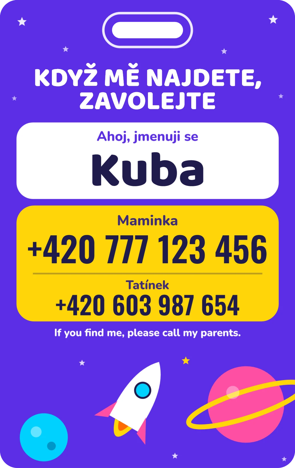 SOS kartička na krk: vesmír, ukázka karty