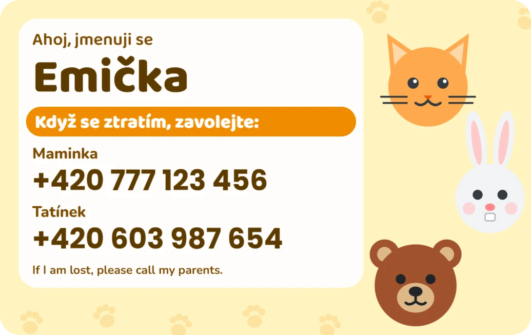 SOS kartička se zvířátky, ukázka karty