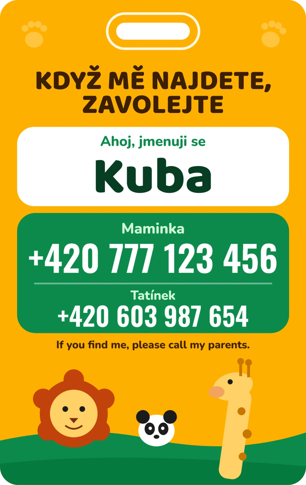 SOS kartička na krk: zvířátka, ukázka karty
