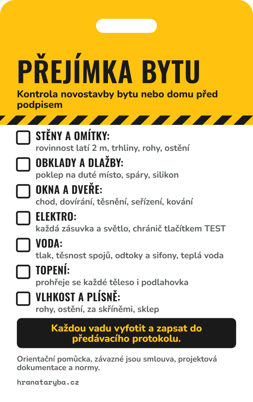 Přejímka bytu a novostavby, ukázka karty