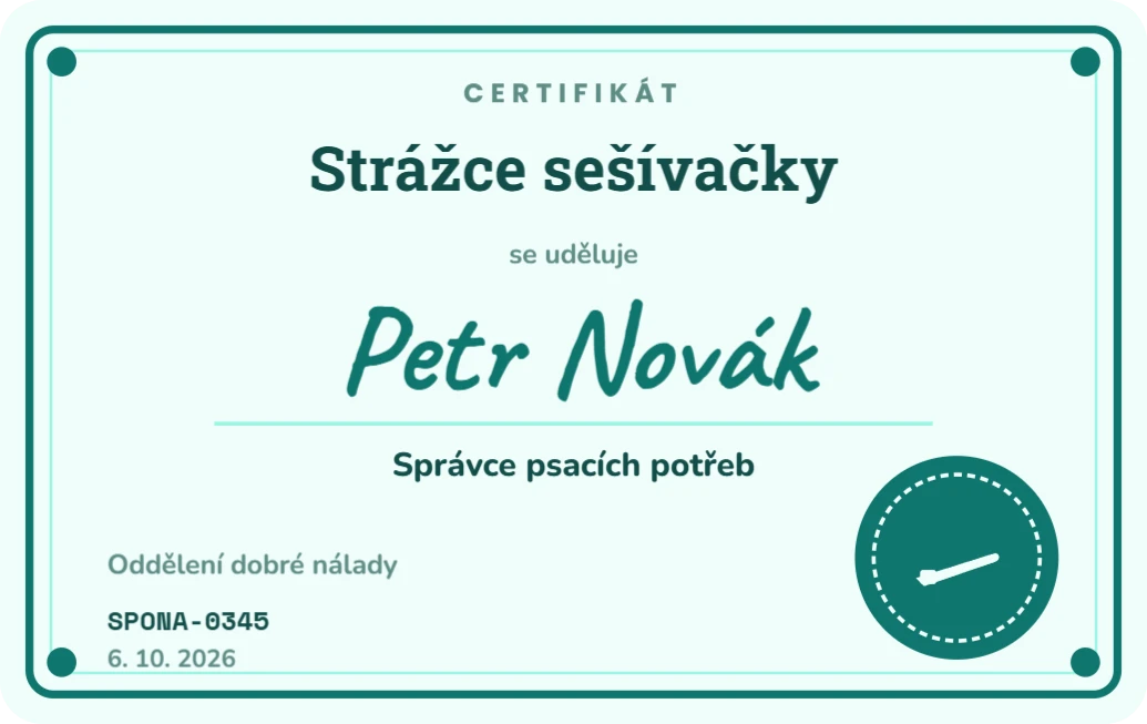 Certifikát Strážce sešívačky, ukázka karty