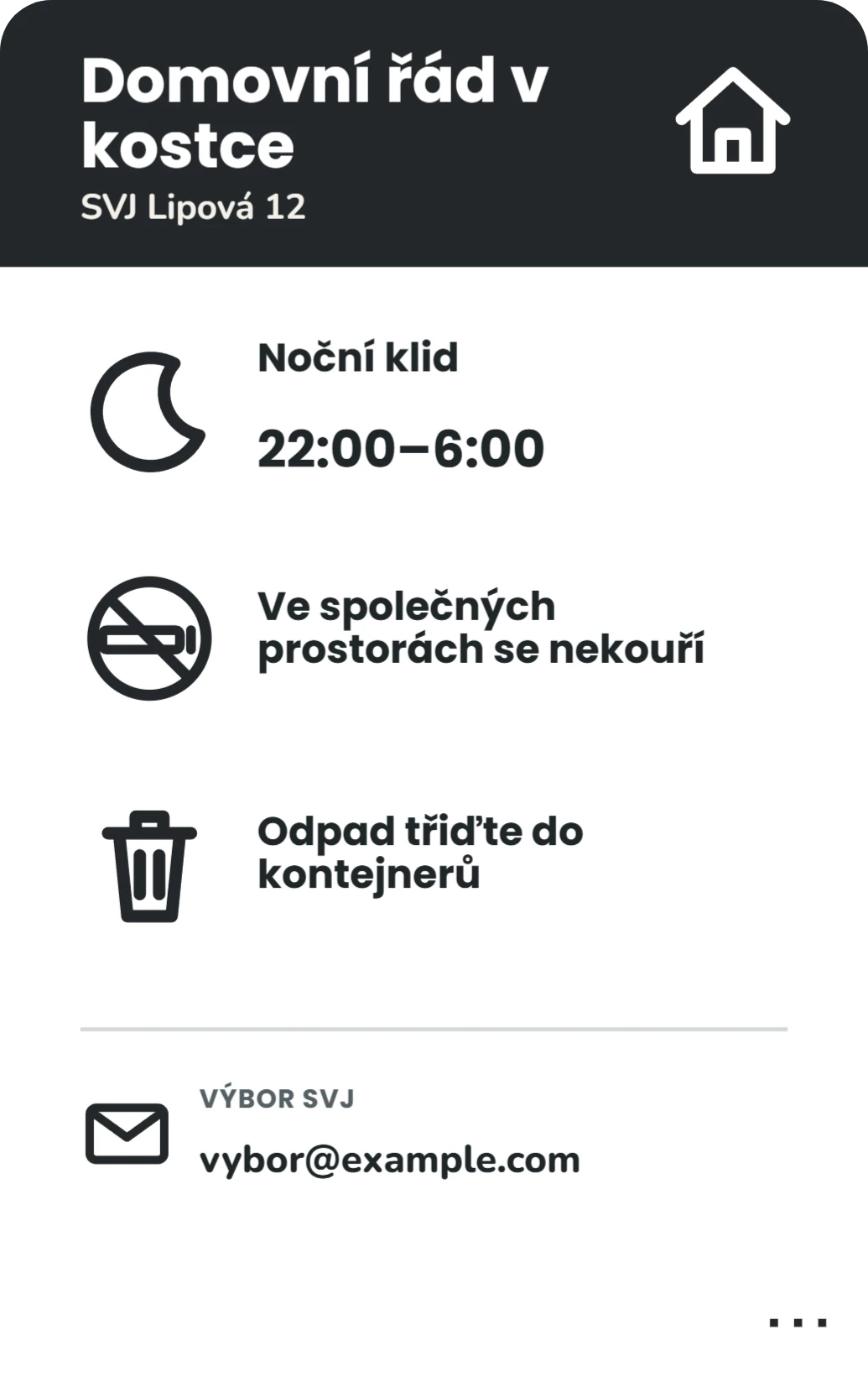 Domovní řád v kostce, ukázka karty