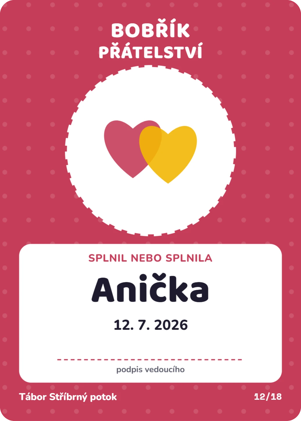 Bobřík přátelství, ukázka karty