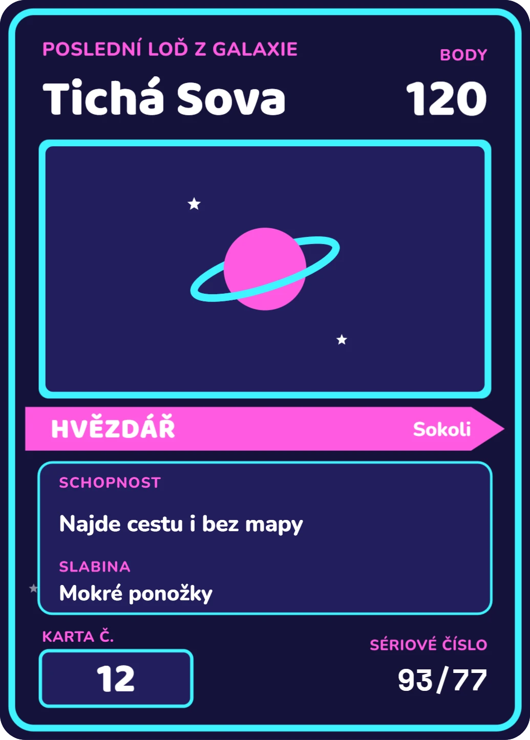 Herní karta: galaxie, ukázka karty
