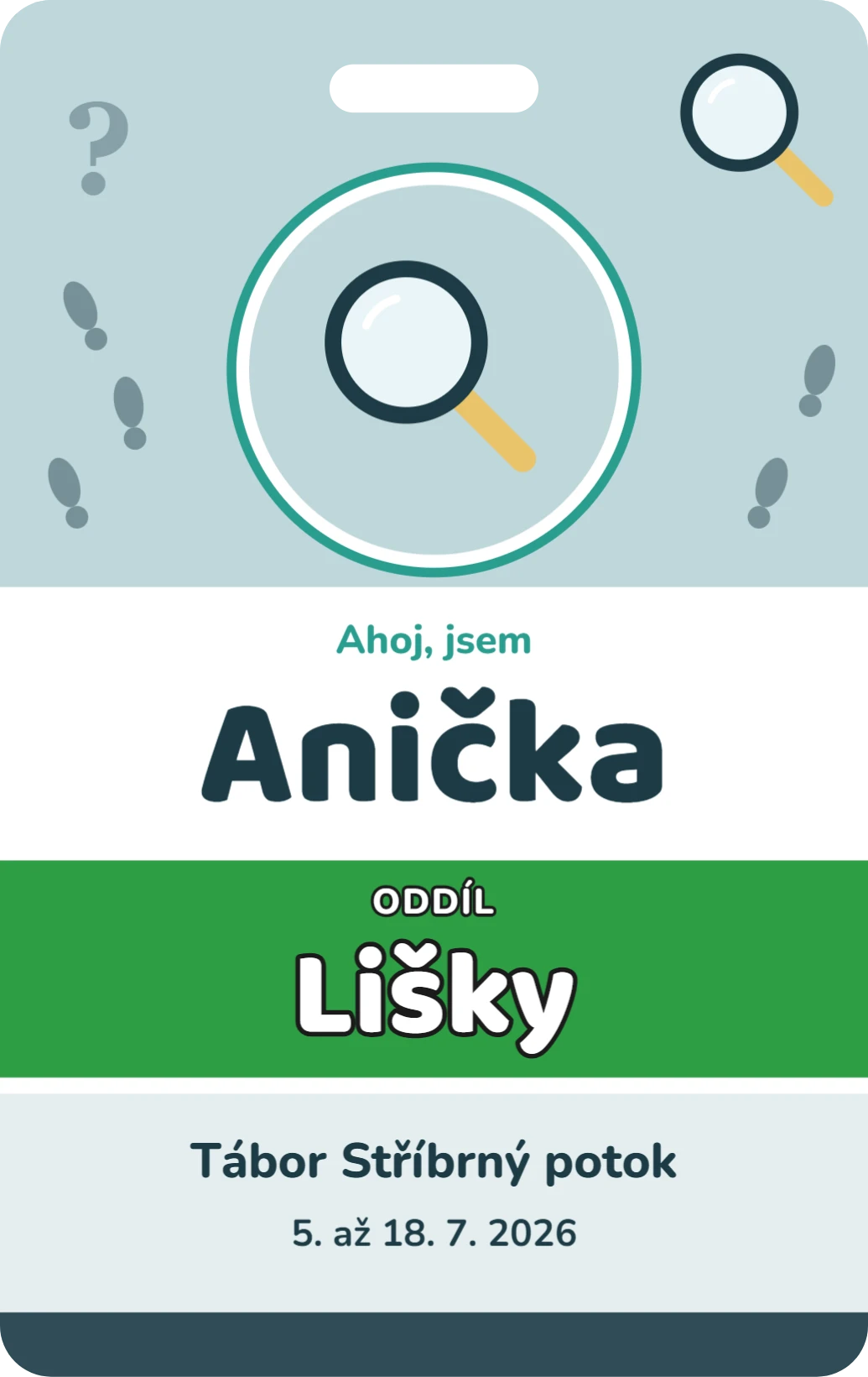 Jmenovka na tábor: detektivové, ukázka karty