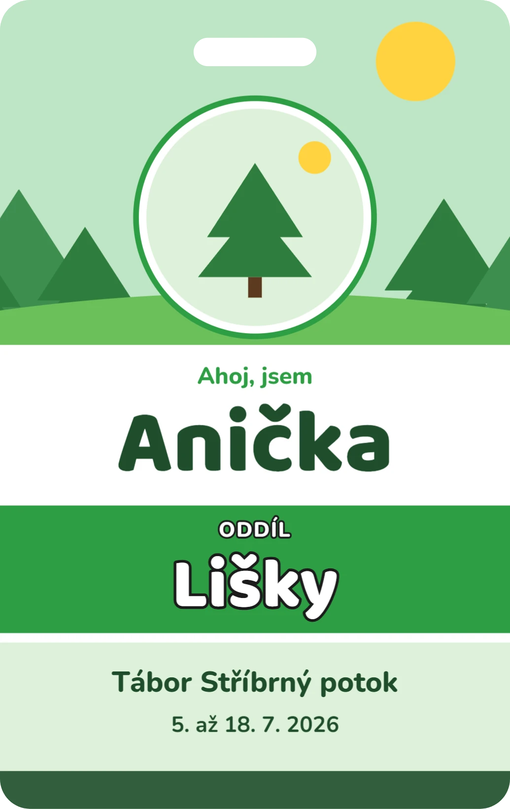 Jmenovka na tábor: les, ukázka karty