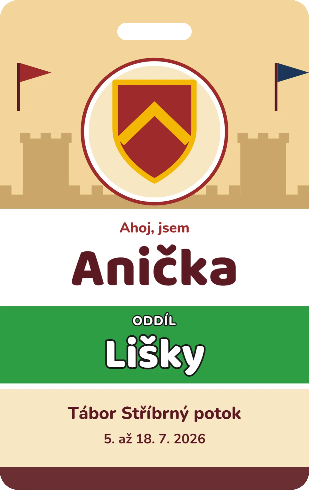 Jmenovka na tábor: rytíři, ukázka karty