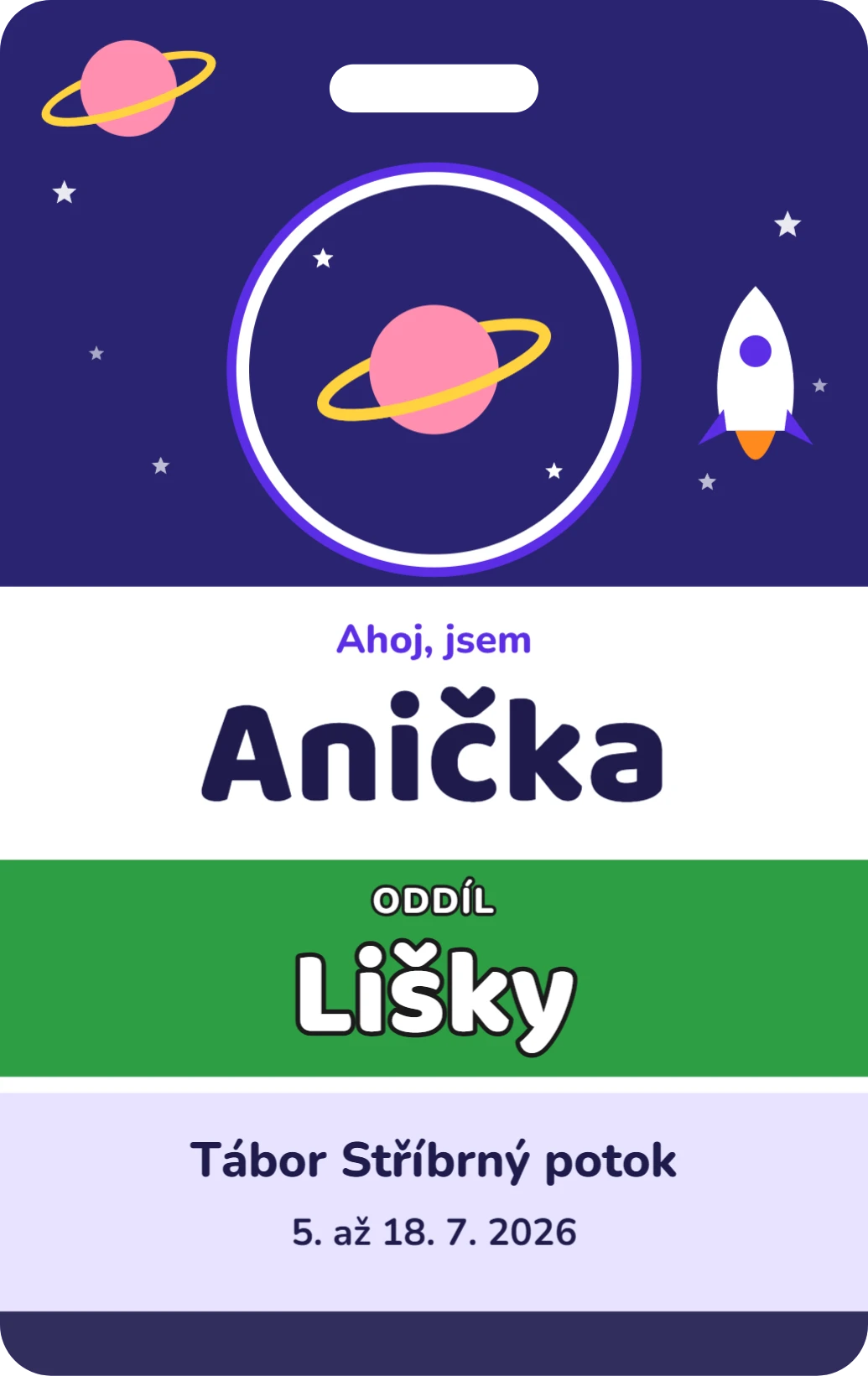 Jmenovka na tábor: vesmír, ukázka karty