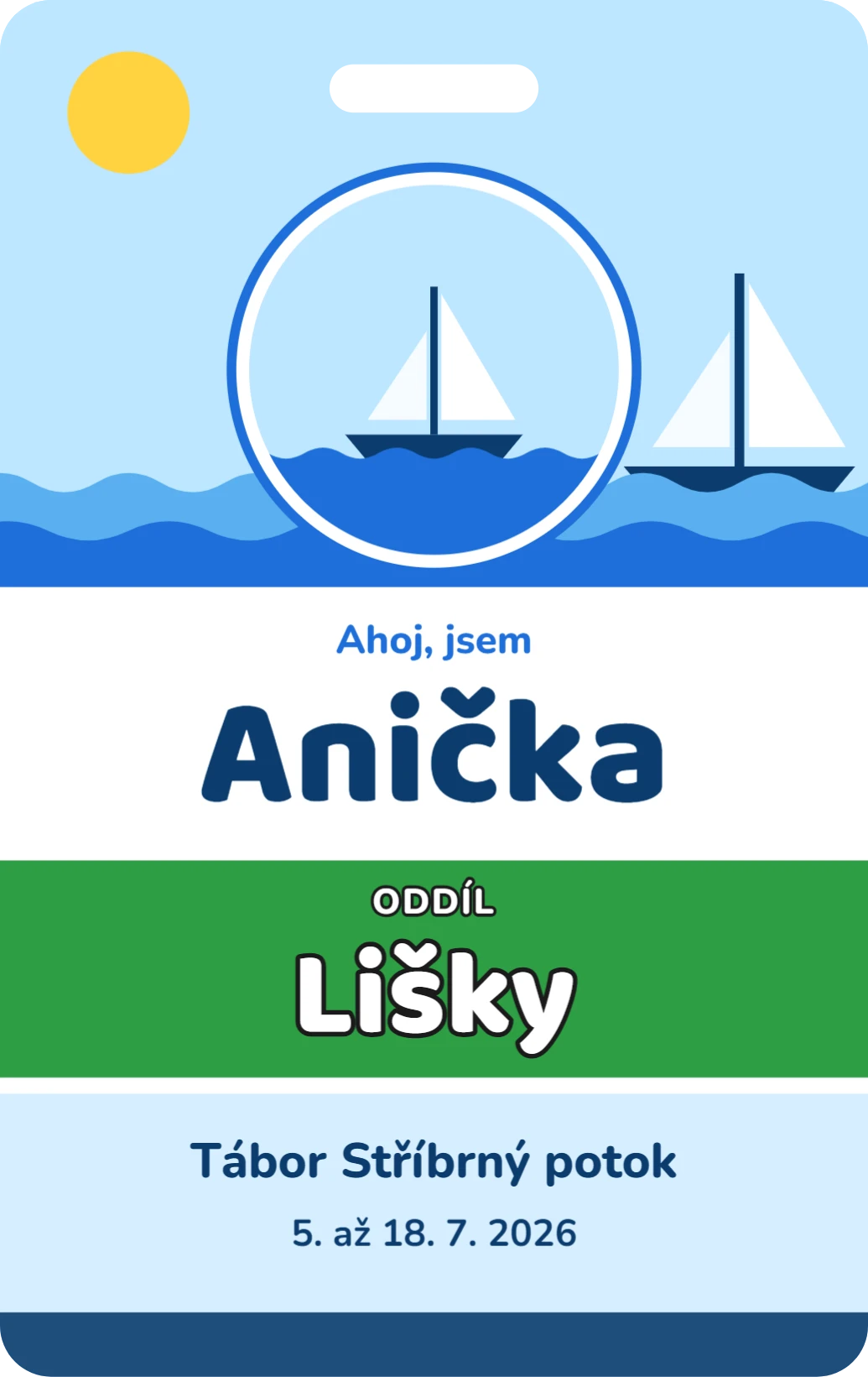 Jmenovka na tábor: voda, ukázka karty