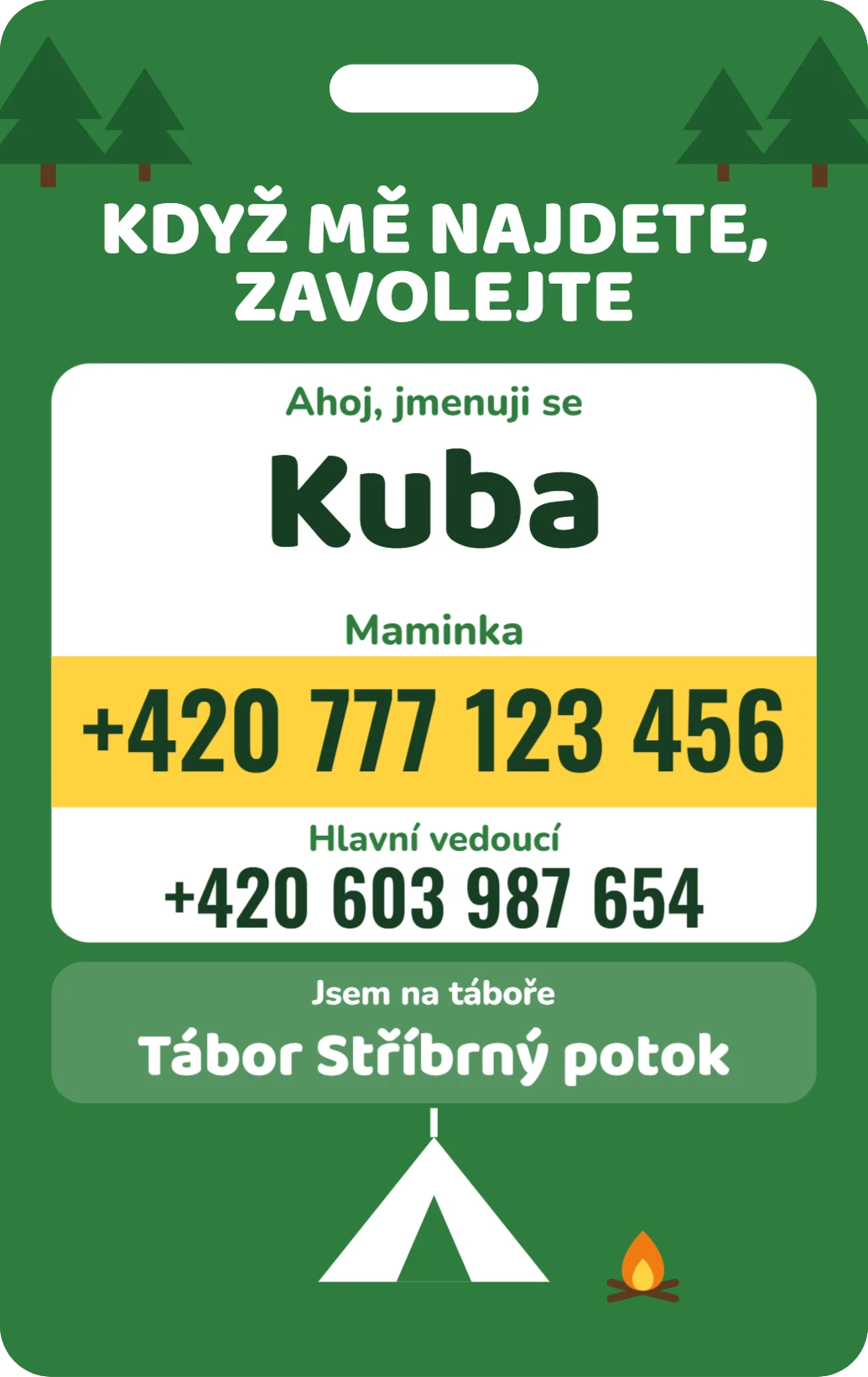 SOS kartička na tábor, ukázka karty