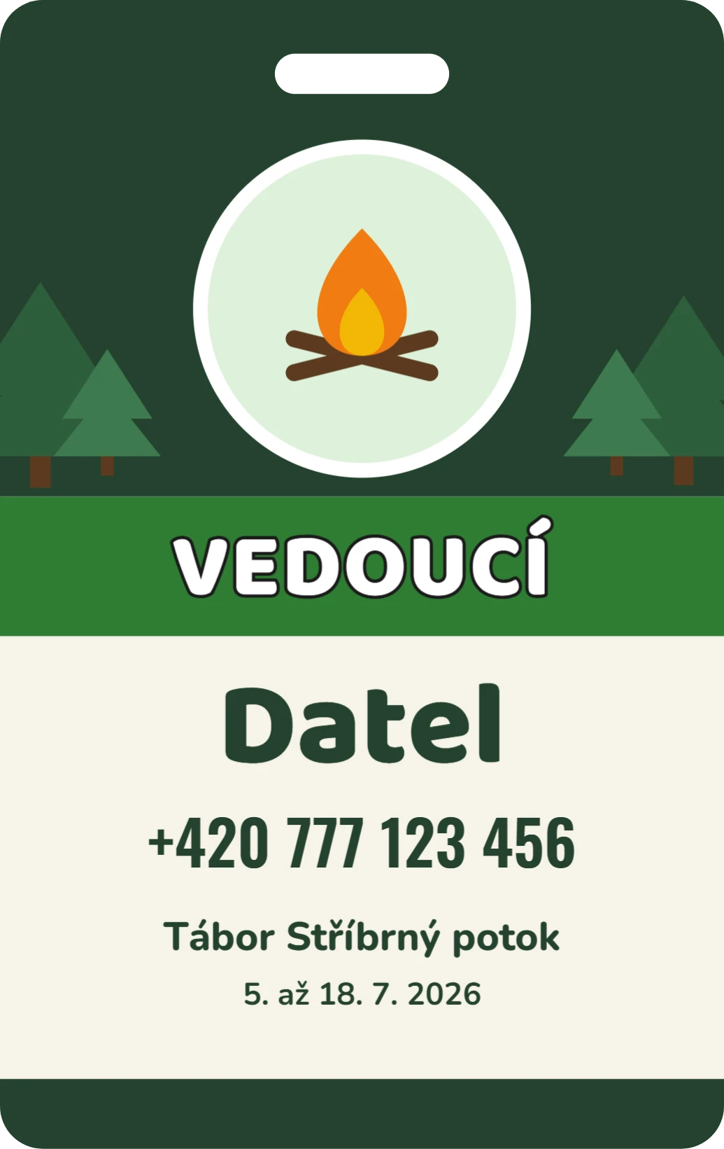Karta vedoucího na tábor, ukázka karty
