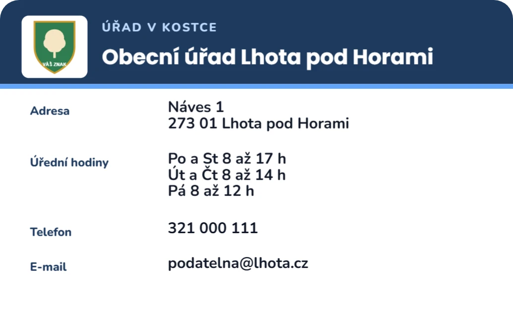 Úřad v kostce: hodiny a kontakty, ukázka karty