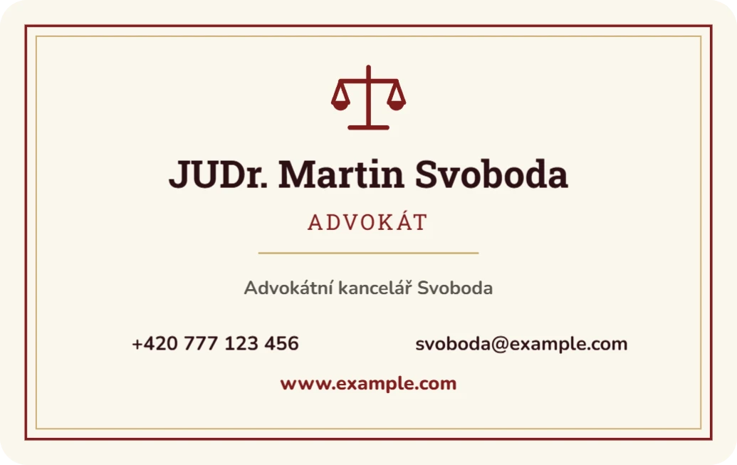 Vizitka advokáta a notáře, ukázka karty