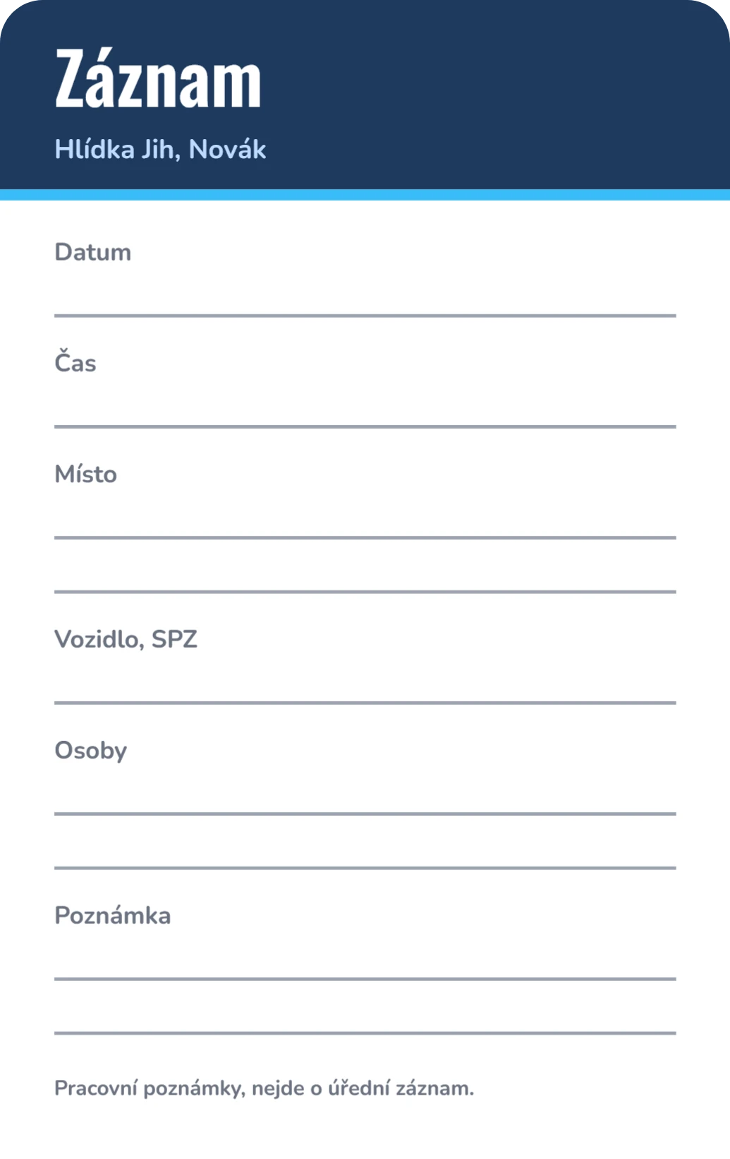 Záznamová karta na psaní lihovým fixem, ukázka karty