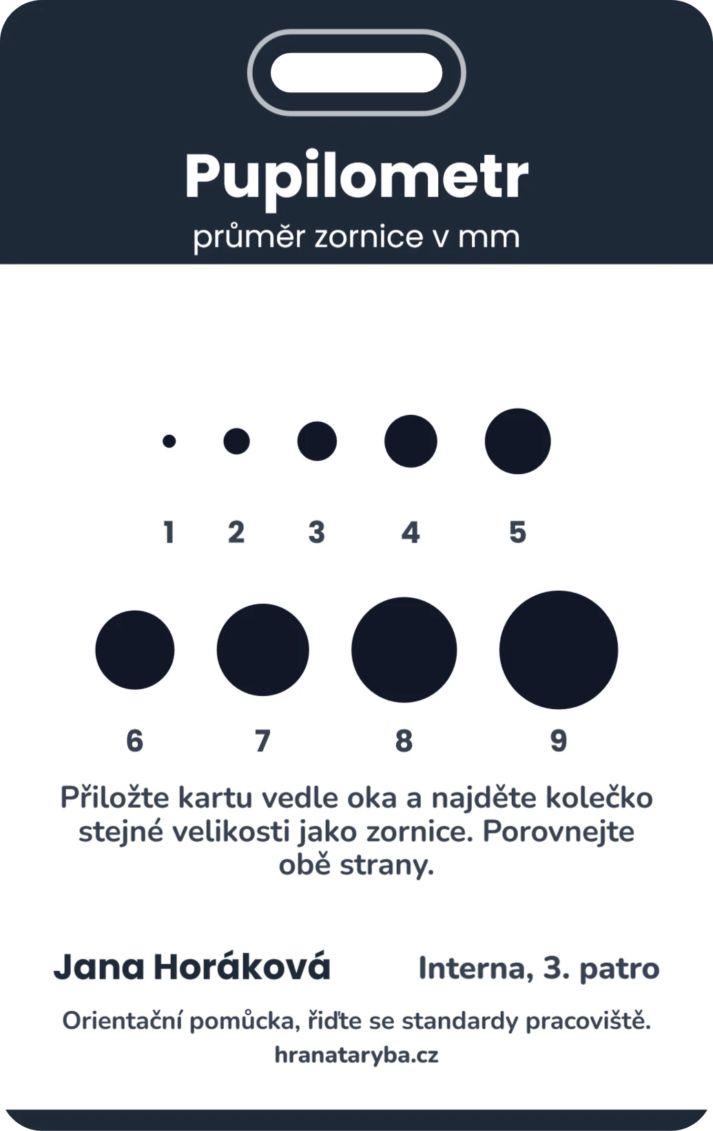 Pupilometr a pravítko na rány, ukázka karty